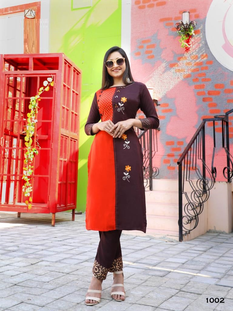 Brown & Red Rayon Embroidery Kurti With Pant