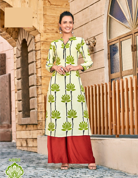 Off White Rayon Printed Kurti with Maroon Palazzo