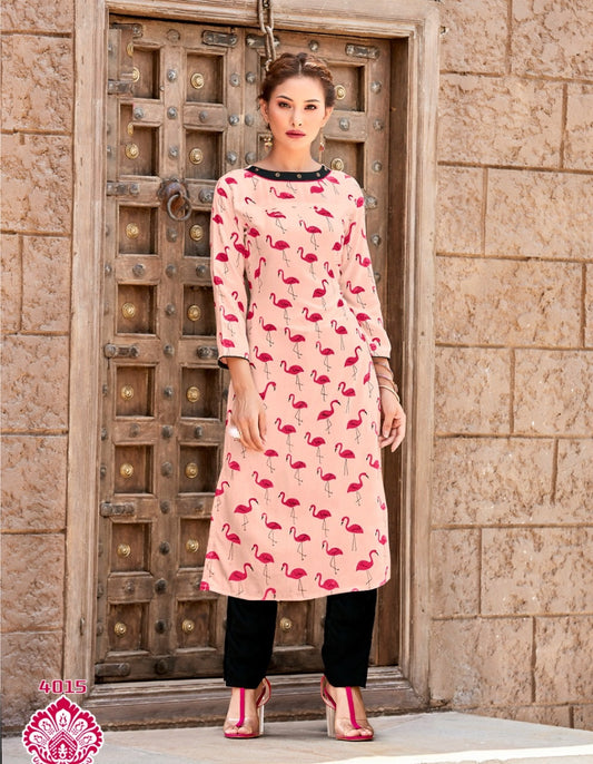 Cream Rayon Printed Kurti with Black Pant