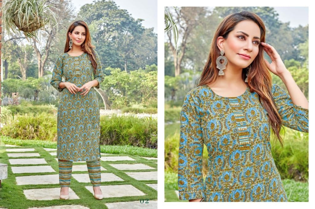 Green and Multicolor Cotton Printed Regular Wear Kurti With Blue lining Printed Pant sets