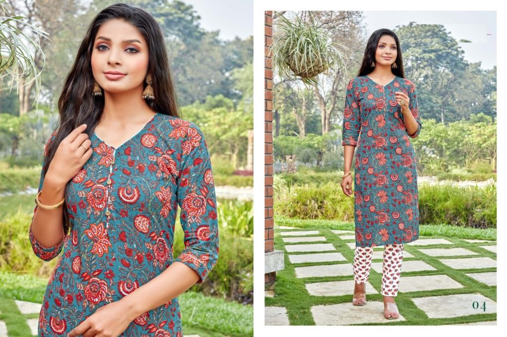 Peacock Green Cotton Printed Regular Wear Kurti With White Flower Printed Pant sets