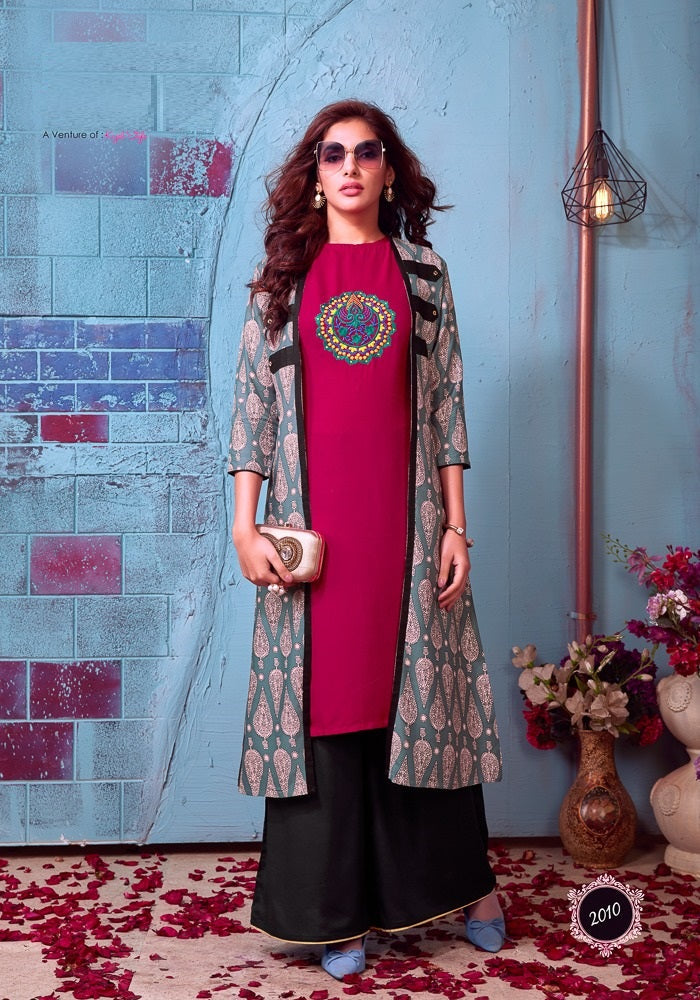 Pink Embroidery Work Rayon Kurti with Multicolor Full Shrug and Black Palazzo