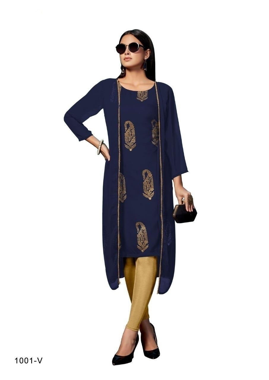Navy Blue Crepe Kurti with Attached Long Shrug