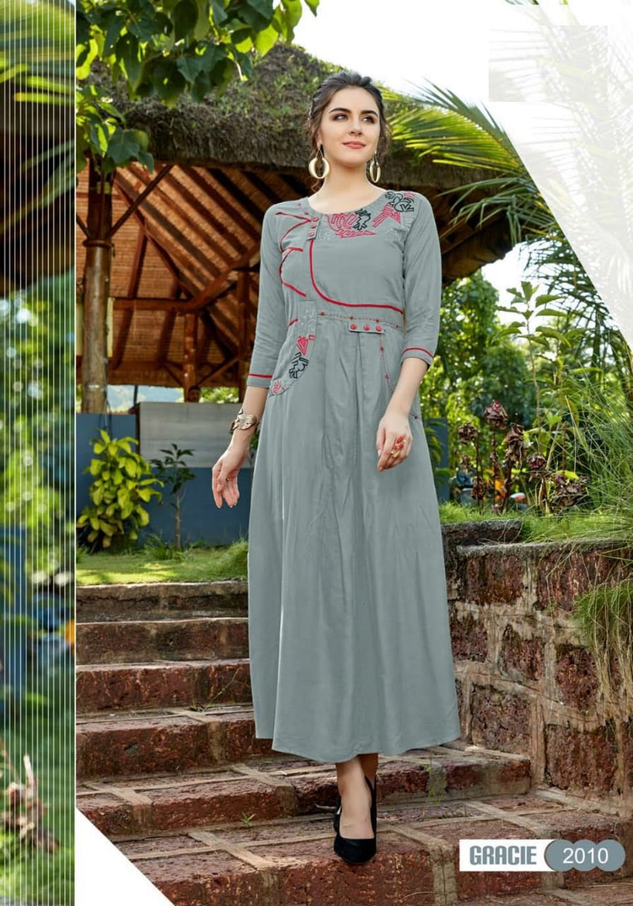 Grey Rayon Embroidery Long Flared Kurti