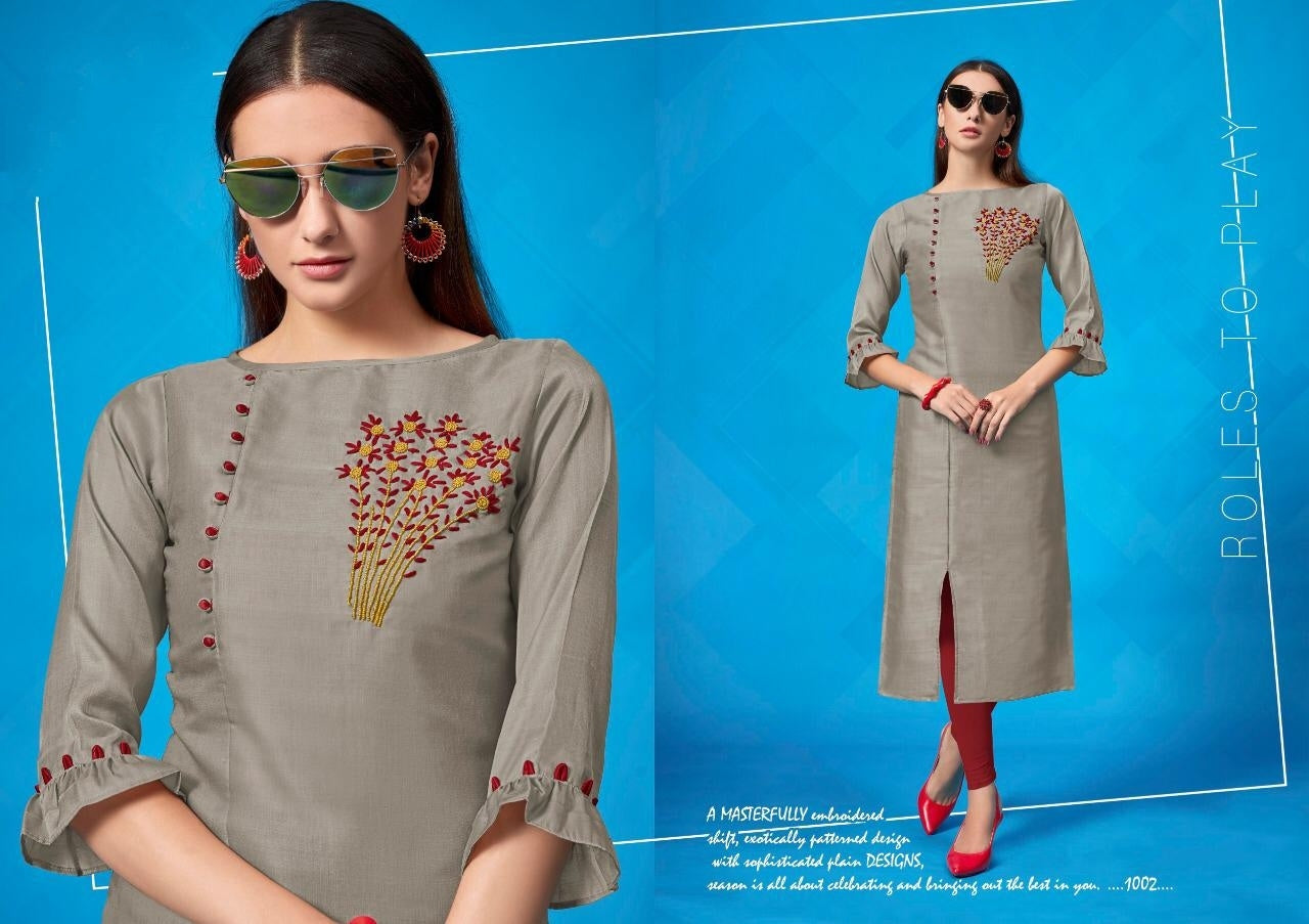 Grey Hand Work Remi Satin Kurti