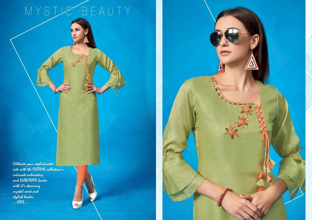 Pista Green Hand Work Remi Satin Kurti