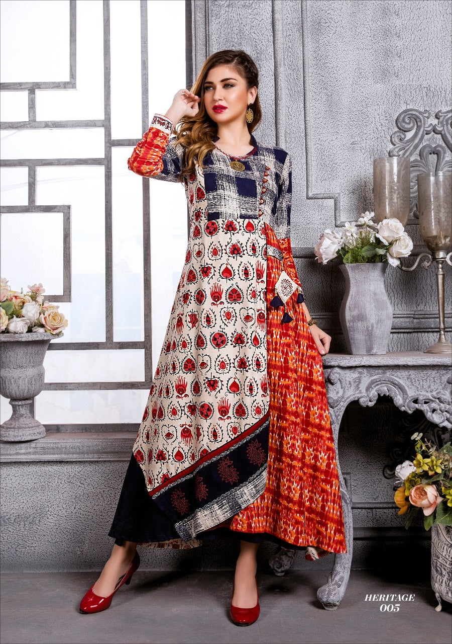 Multicolor Long Flared Rayon Fancy Kurti