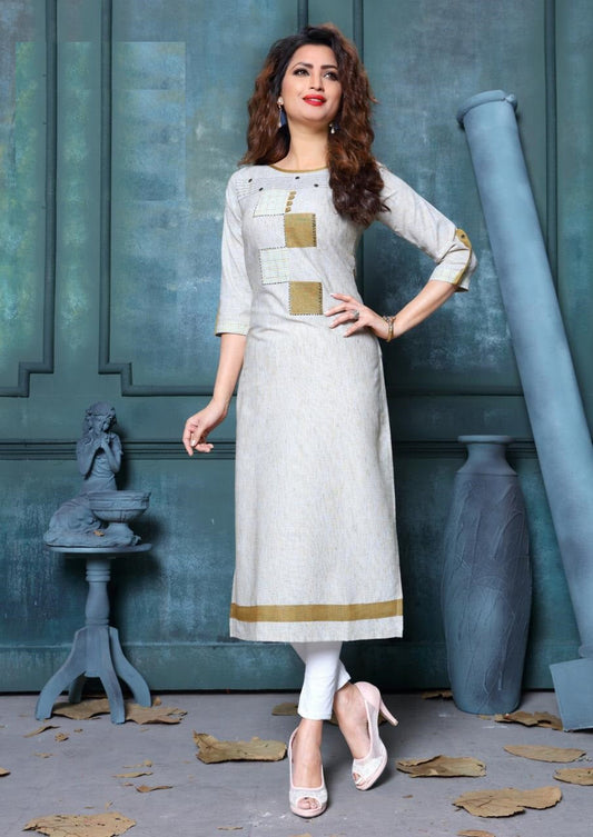 Cream Linen Embroidery Work Kurti