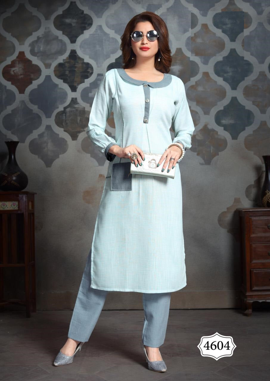 Sky Blue Heavy South Cotton Kurti with Grey Cotton Pant