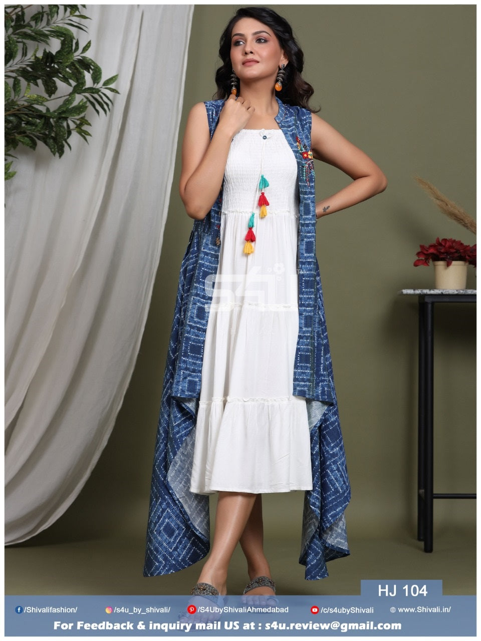 White A-line Kurti With Fancy Handwork Blue Shrug