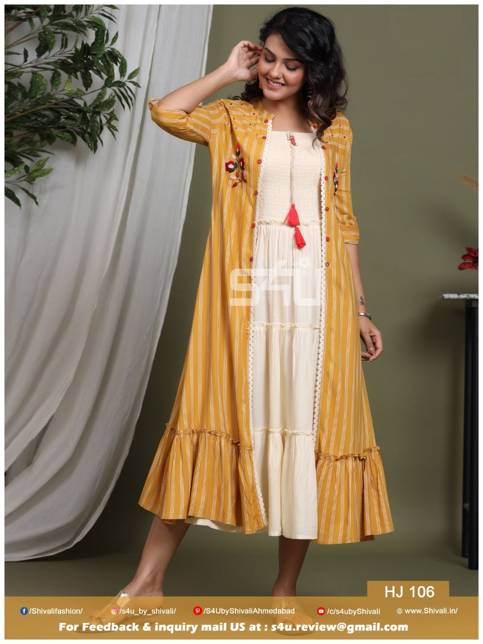 White A-line Kurti With Fancy Handwork Yellow Shrug