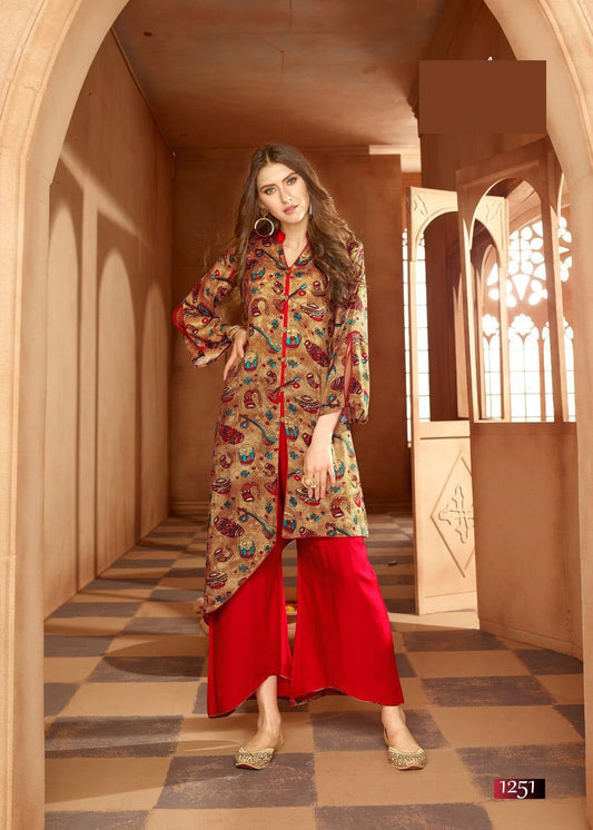 Brown and Multicolor Printed Rayon Kurti and Plain Palazzo