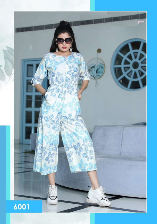 Sky Blue Heavy Rayon Flex Blue Print Jumpsuit