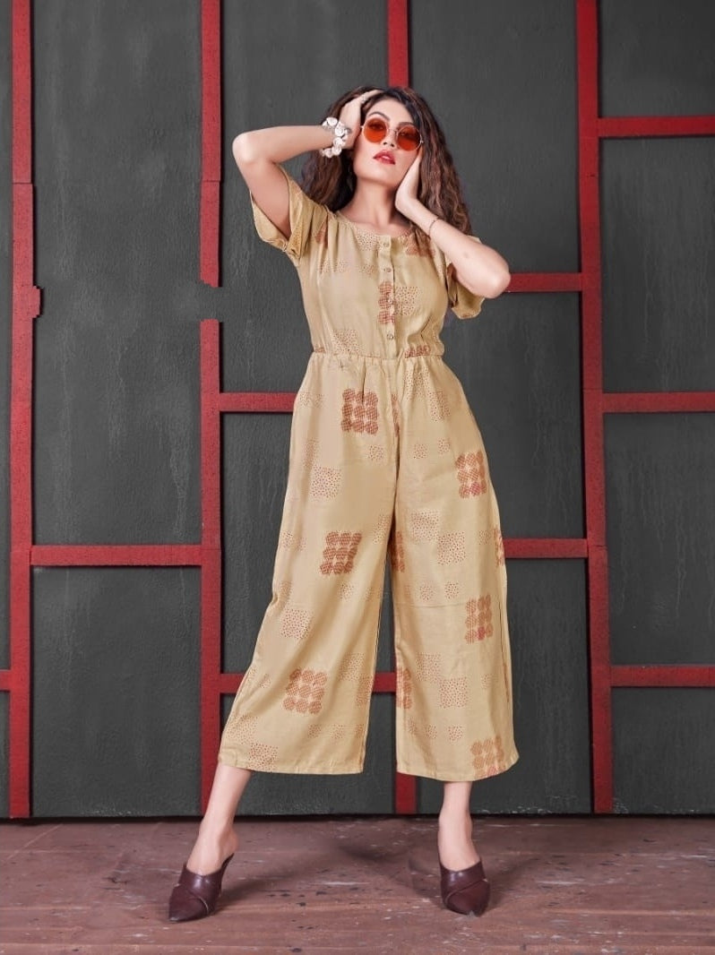 Beige Heavy Rayon Flex Brown Print Jumpsuit