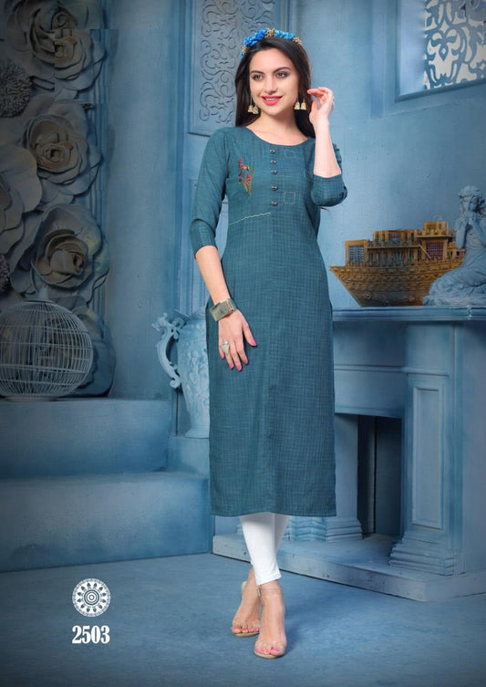 Blue 14kg Rayon Embroidery Work Kurti