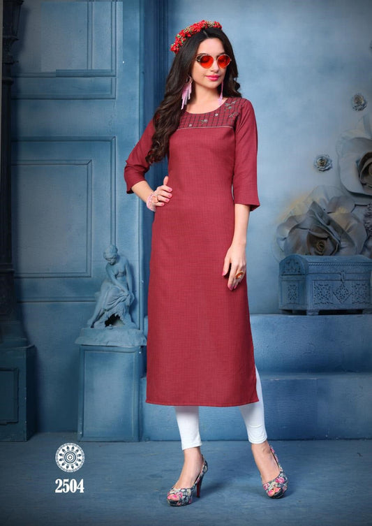 Red 14kg Rayon Embroidery Work Kurti