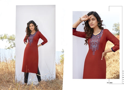 Red Embroidery Work Rayon Straigh Fit Kurti