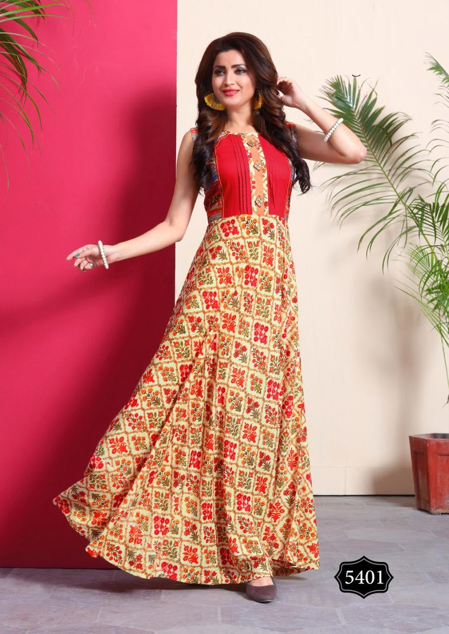 Red and Multicolor Gown Style Rayon Kurti with Foil Print