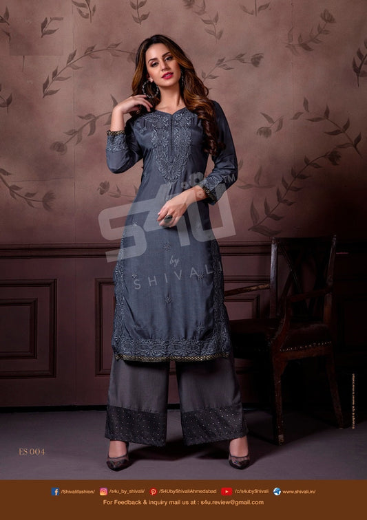 Charcoal Luckhnowi Work Kurti with Bottom