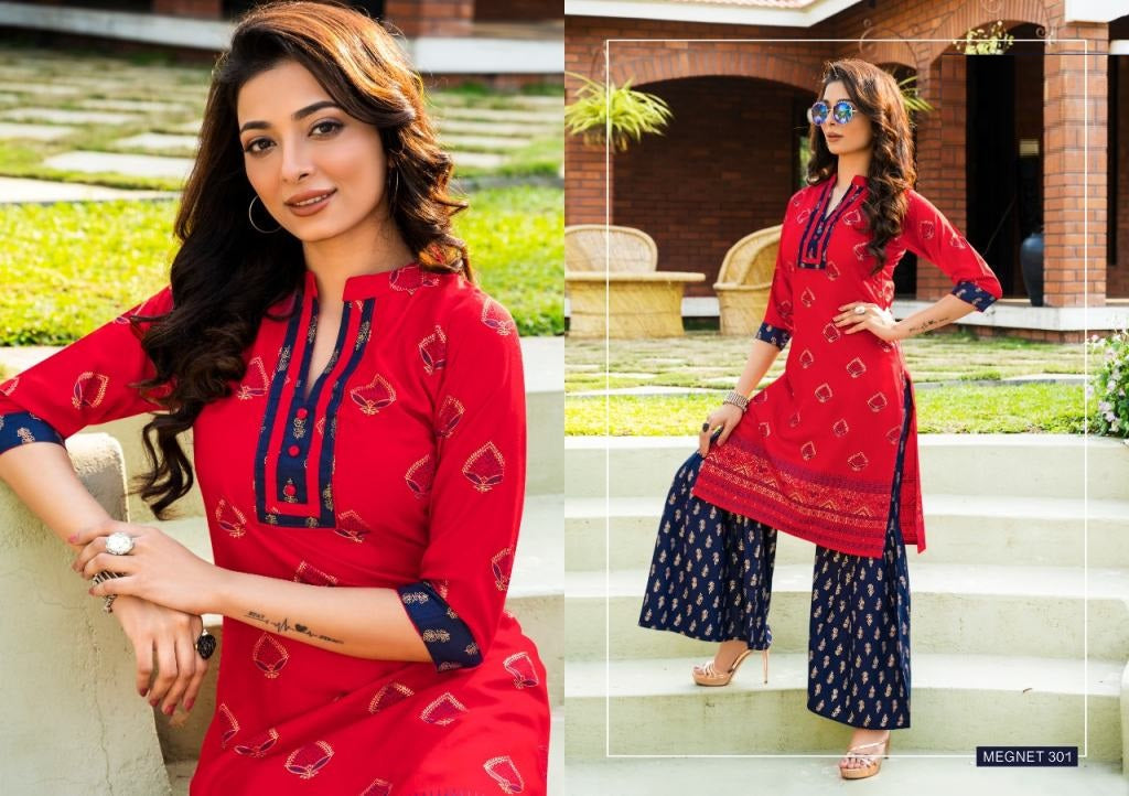 Red Printed Rayon Kurti and Nevy Blue Printed Sharara