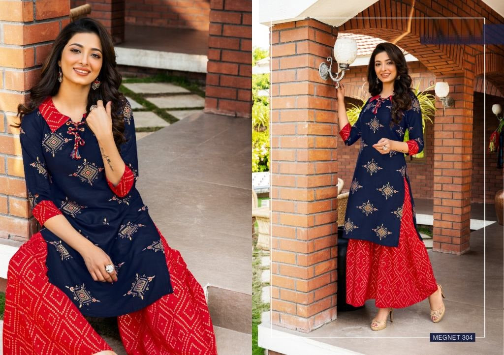 Navy Blue Printed Rayon Kurti and Red Printed Sharara