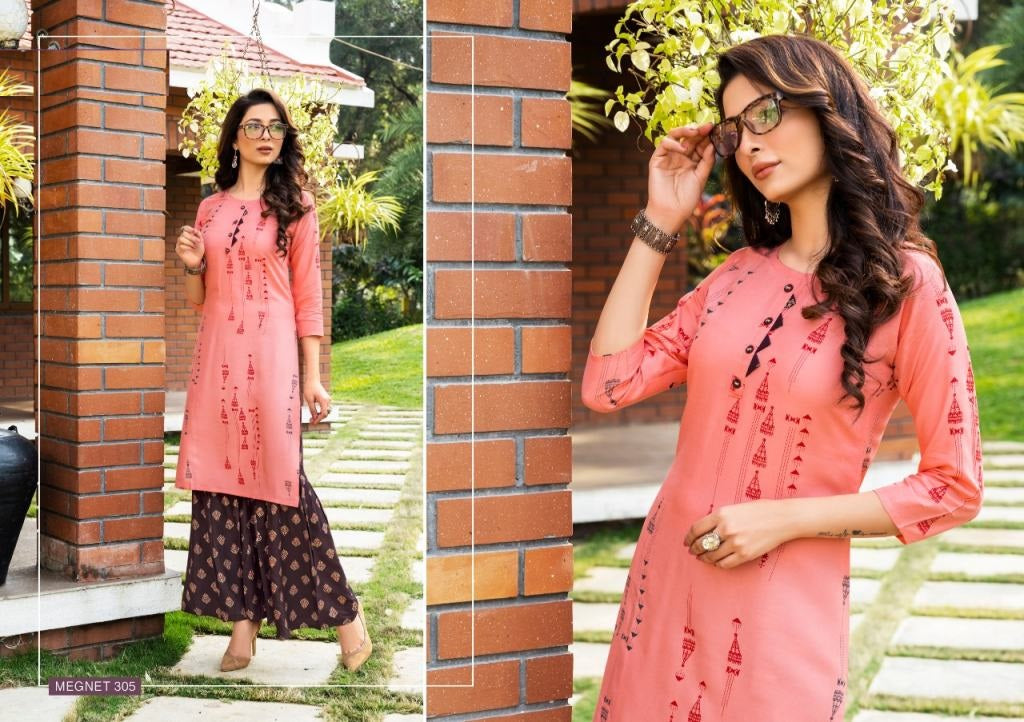 Pink Printed Rayon Kurti and Purple Printed Sharara