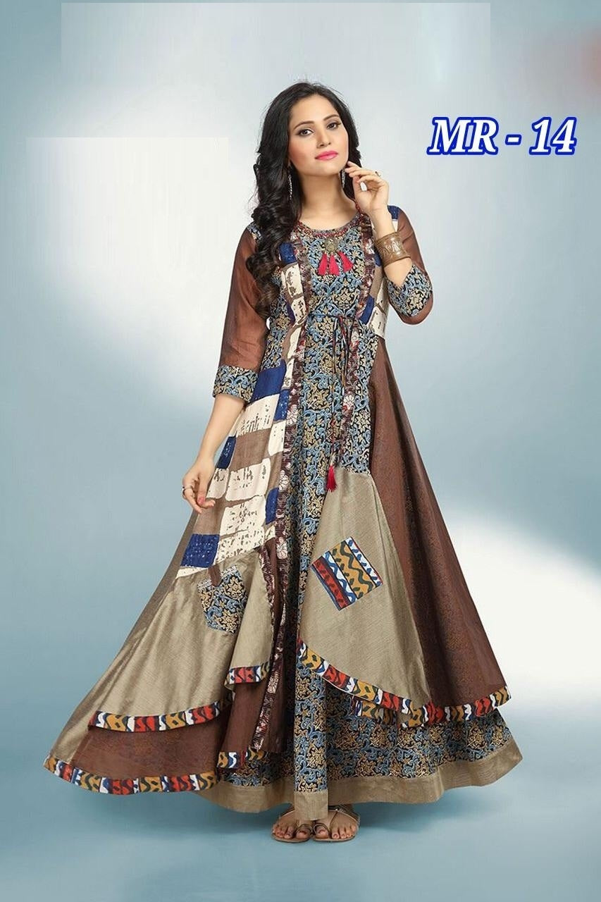 Multicolor Crepe Long Gown Kurti with Long Multicolor Shrug