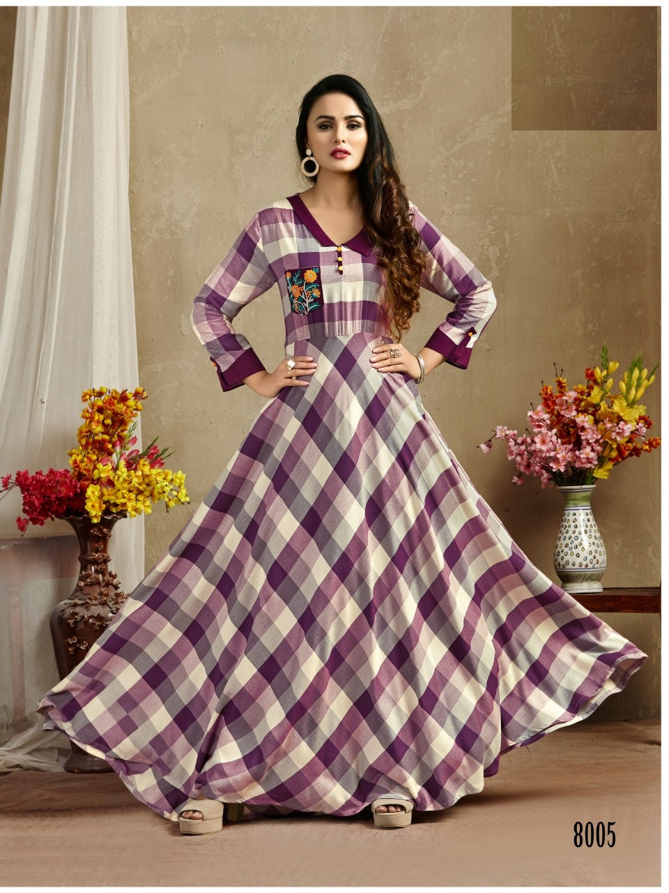 Purple and Multicolor Rayon Dyed Print Embroidery Work Gown Kurti