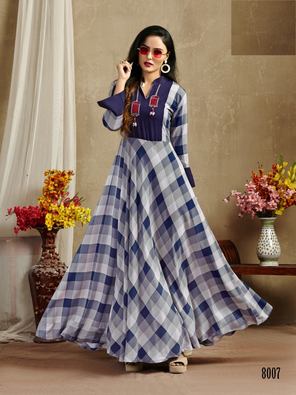 Blue and White Rayon Dyed Print Embroidery Work Gown Kurti