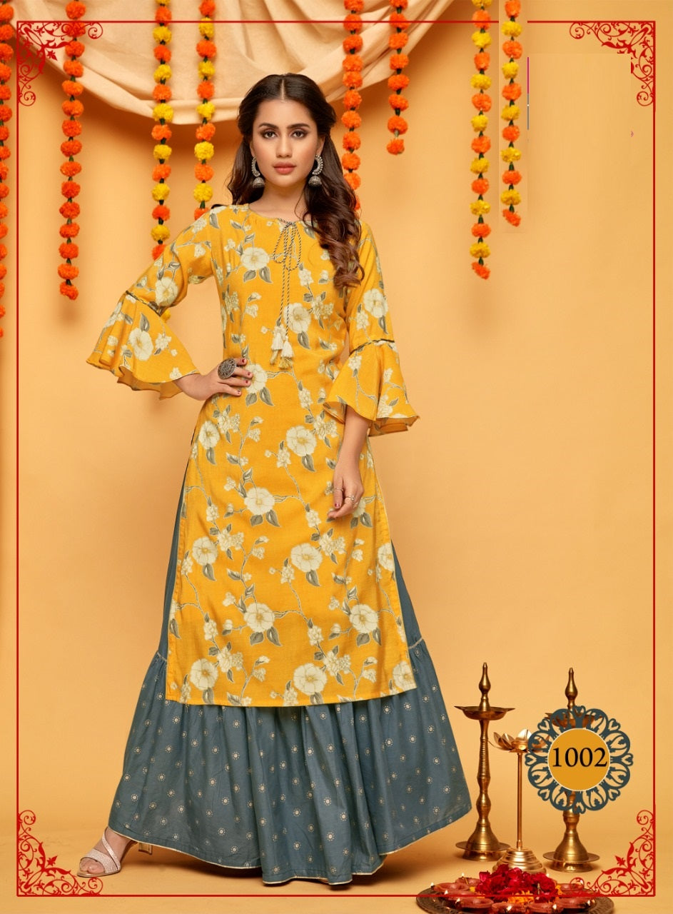 Orange Printed Straight Fit Crepe Kurti