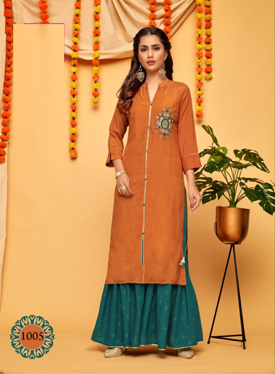 Orange Embroidery Work Straight Fit Crepe Kurti