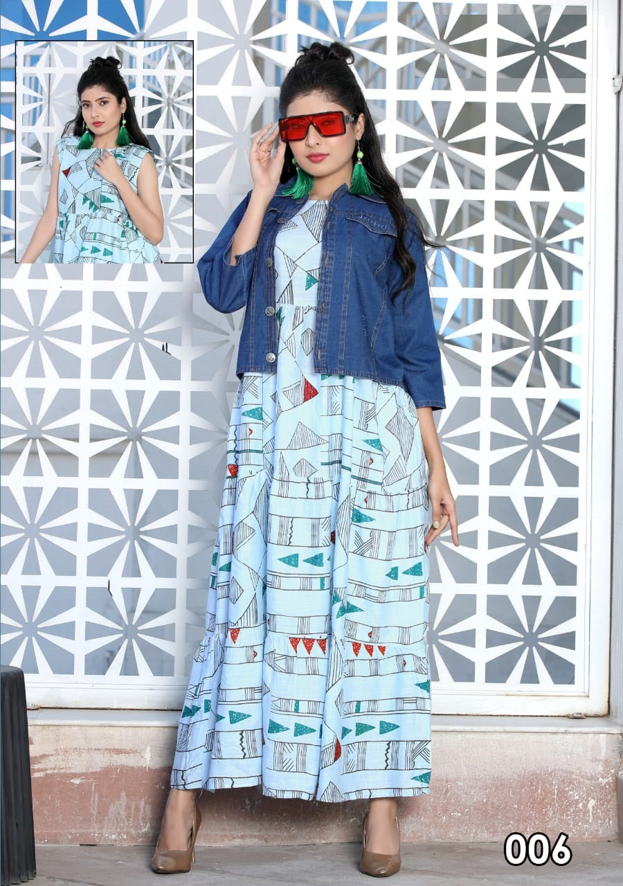 Sky Blue Long Kurti with Denim Jacket