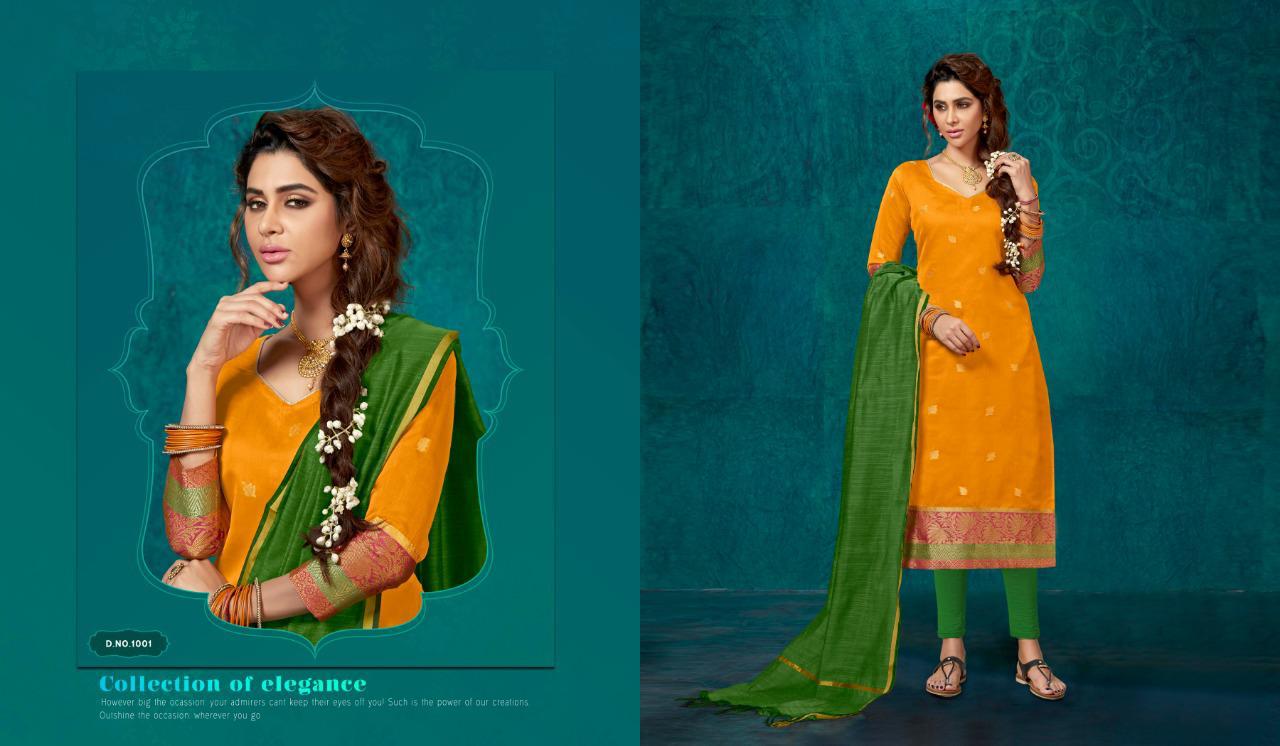 Orange Straight Fit Banarasi Jacquard Kurti with Fancy Green Chanderi Dupatta