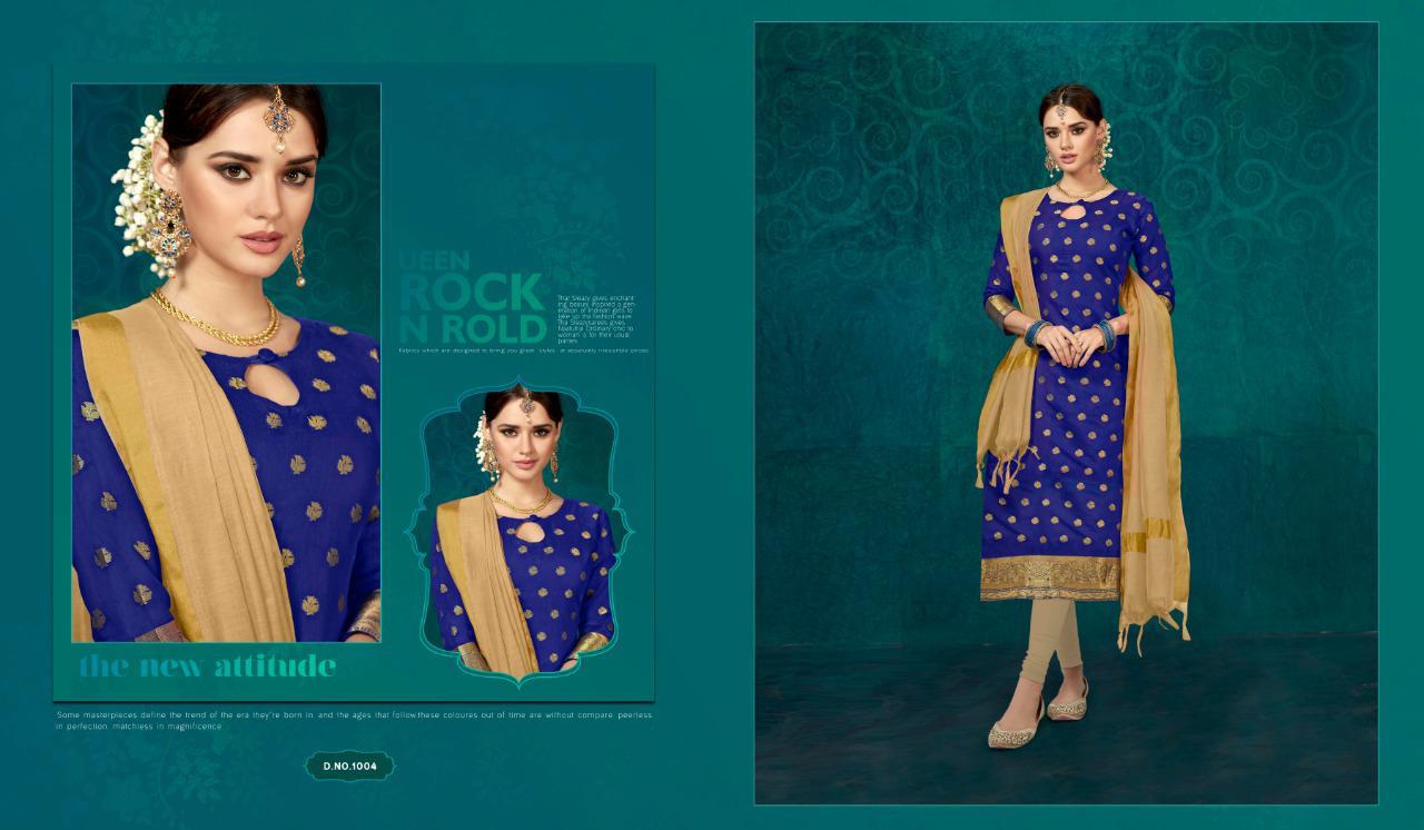 Blue Straight Fit Banarasi Jacquard Kurti with Fancy Beige Chanderi Dupatta