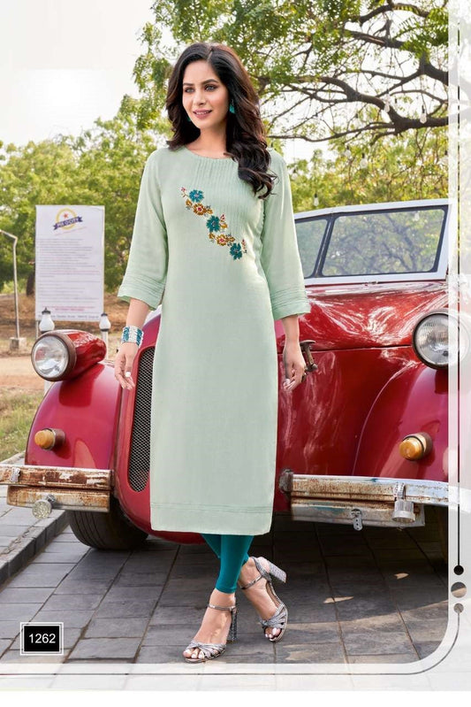 Pastel Green Embroidery Work Straight Fit Heavy Rayon Kurti