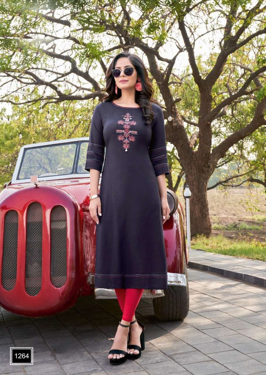 Dark Grey Embroidery Work Straight Fit Heavy Rayon Kurti