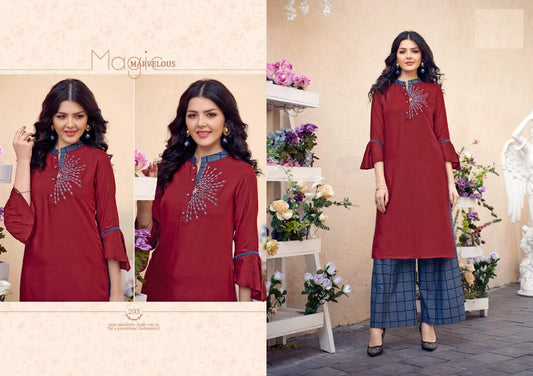 Maroon Cotton Slub Embroidery Work Kurti with Blue Box Print South Cotton Palazzo