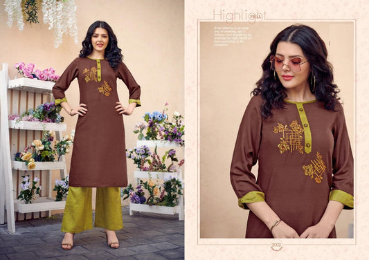 Purple Cotton Slub Embroidery Work Kurti with Mehandi South Cotton Palazzo