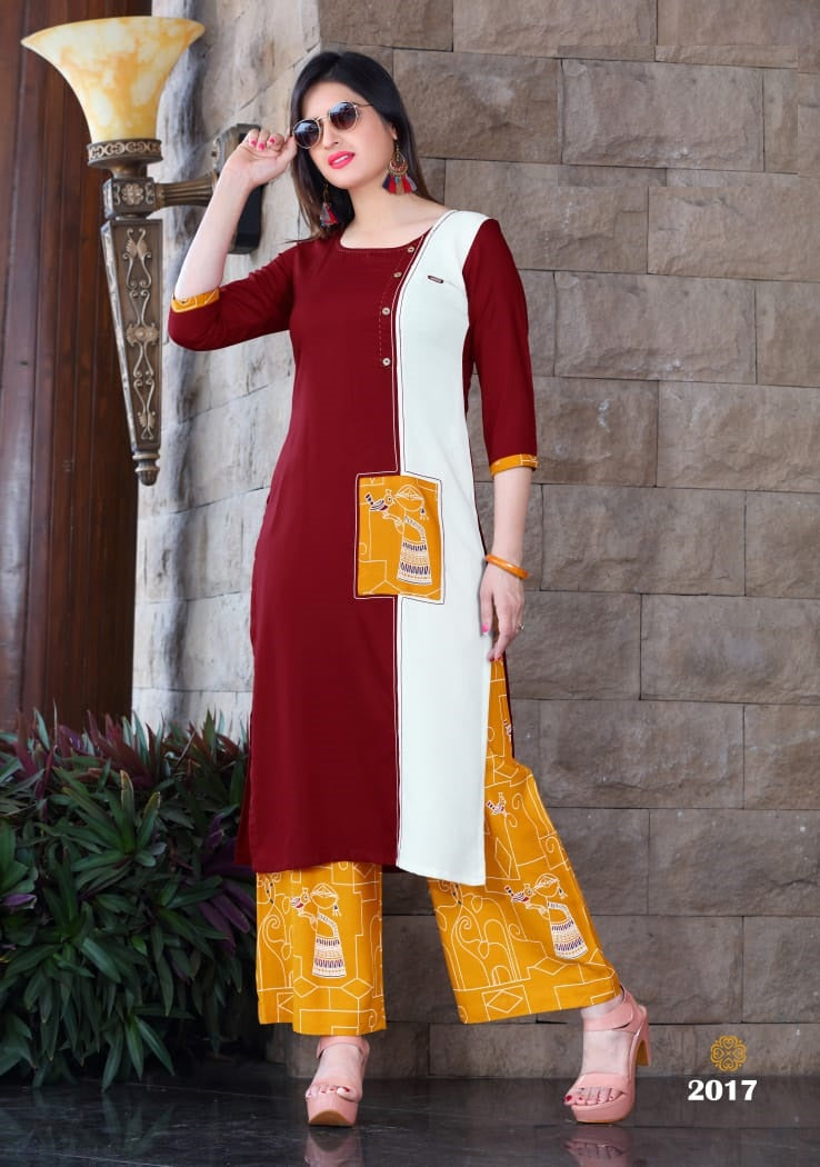 Maroon, White Patch Work Rayon Flex Kurti with Yellow Cotton Flex Printed Palazzo