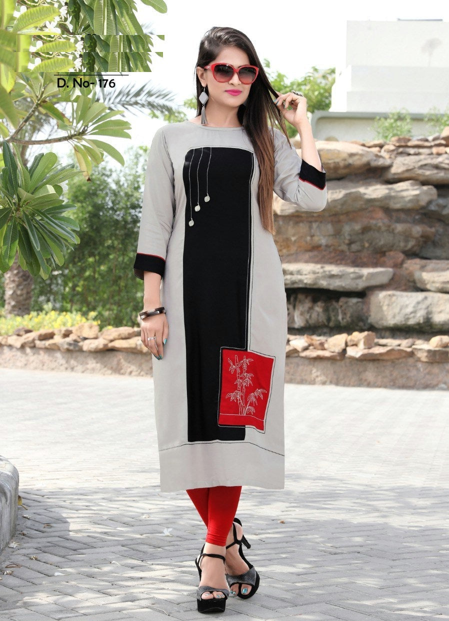 Off White, Black and Red Rayon Patch Work Straight Fit Kurti