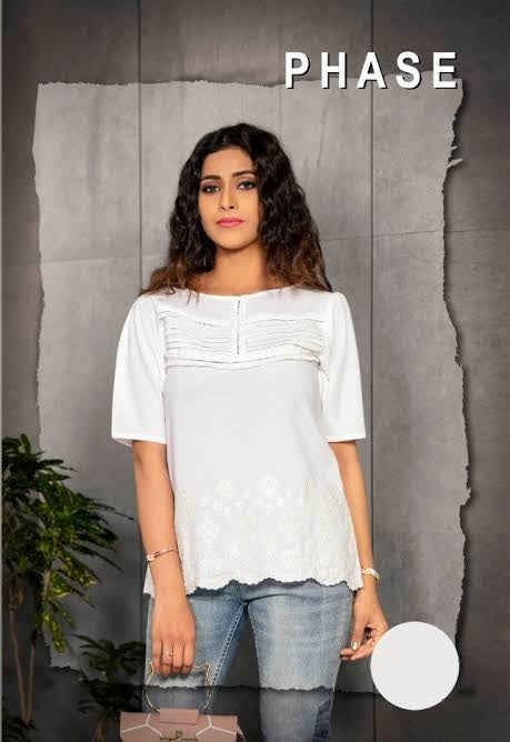 White Embroidery Work Blended Short Kurti