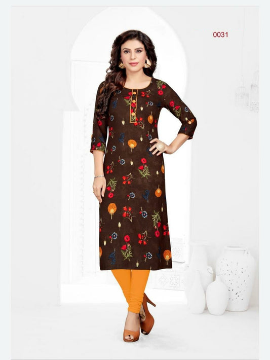 Brown and Multicolor kurti Rayon printed Regular wear straight kurti