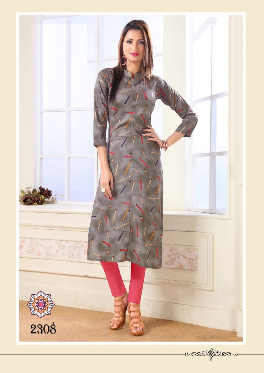 Grey Kurti Rayon with Pencil print Regular wear straight kurti