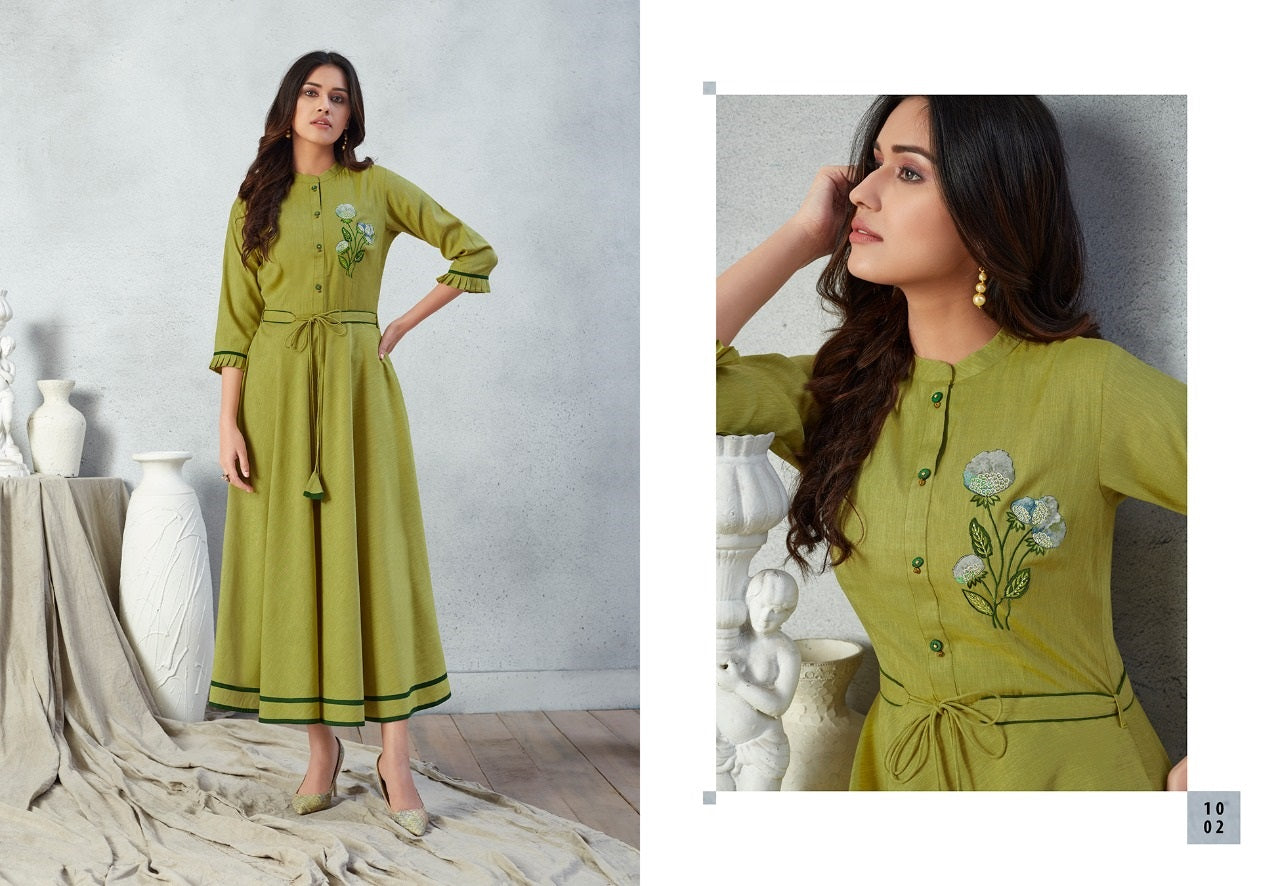 Mehandi Green Embroidery Work Fancy Rayon Long Gown