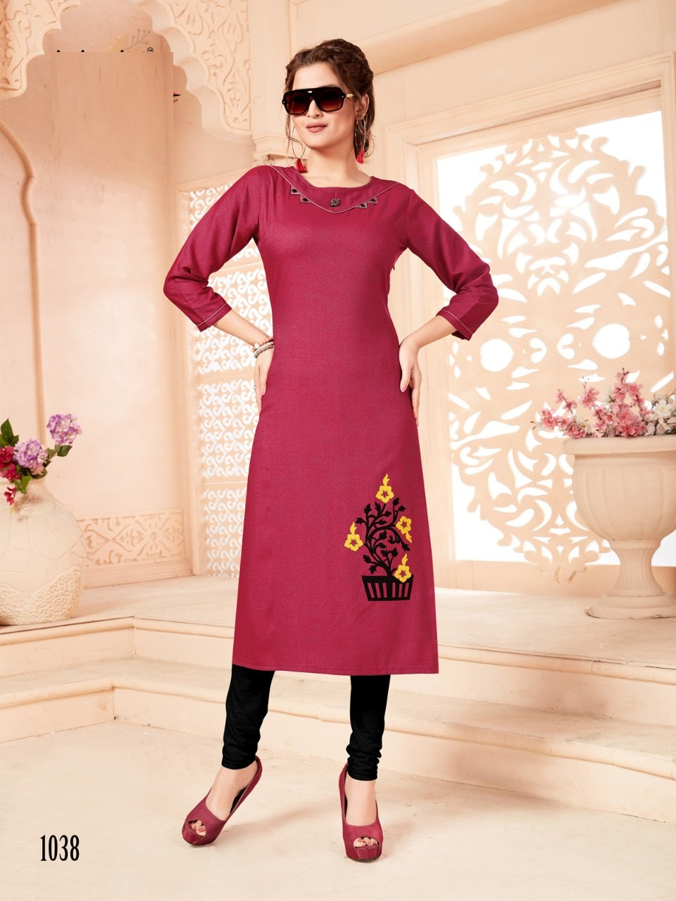 Purple Cotton Slub Applique Patchwork Kurti