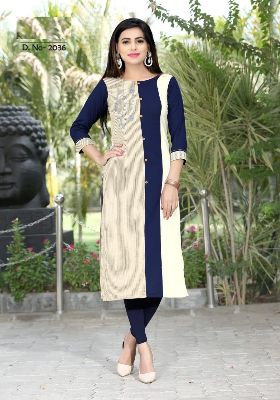 Blue and Off white Cotton Flex Printed Straight Fit Kurti