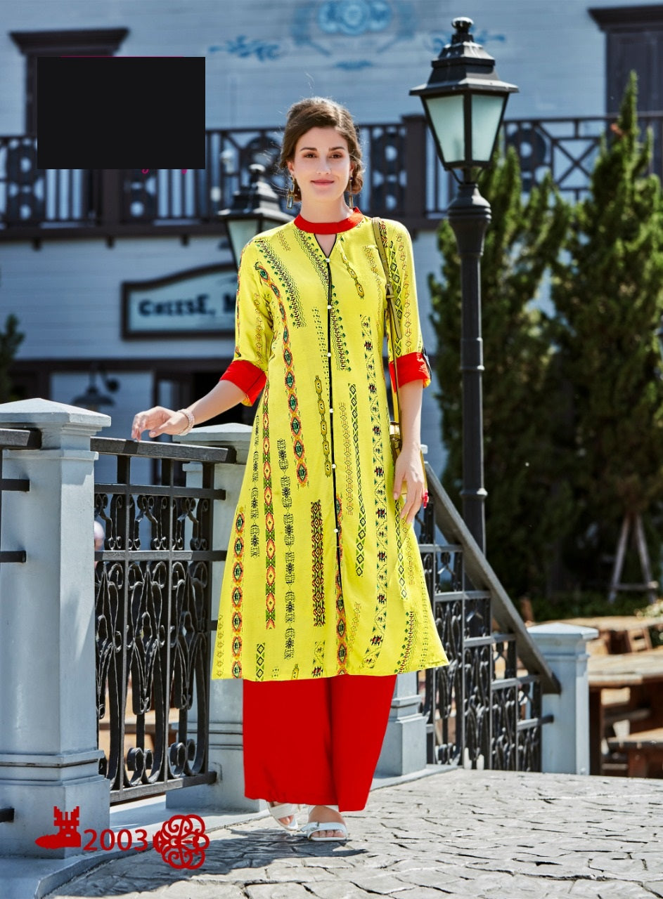 Lemon Yellow Pigmented Print Heavy Rayon Straight Fit Kurti