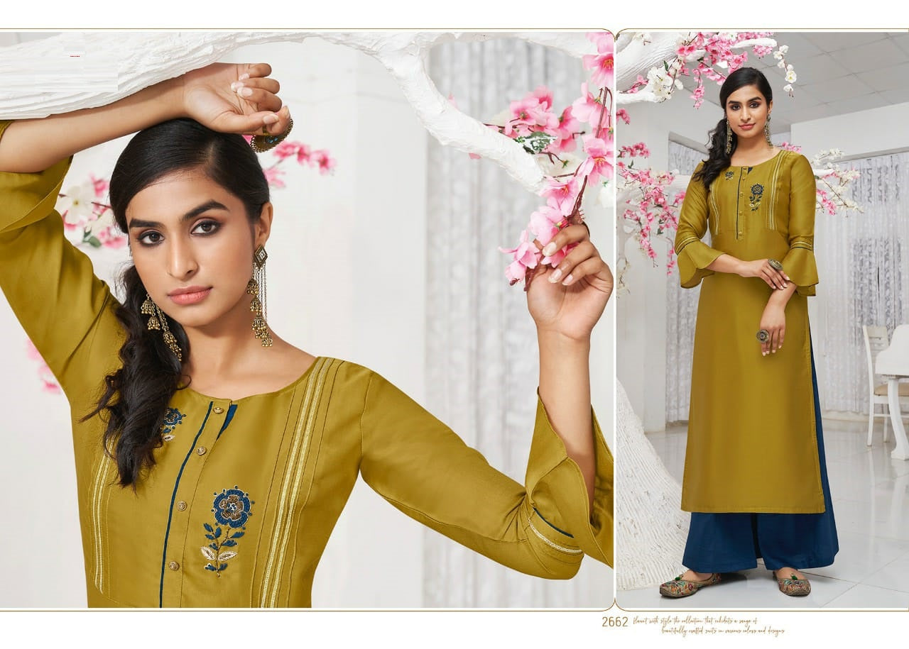 Golden Fancy Handwork Silk Satin Kurti with Navy Blue Palazzo