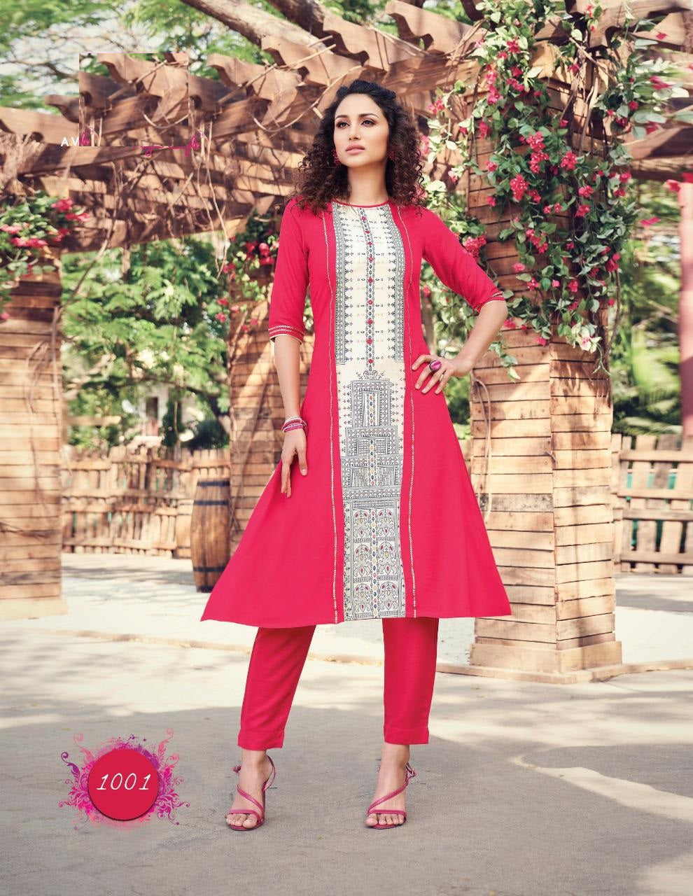 Pink Classy Print Rayon A-line Kurti