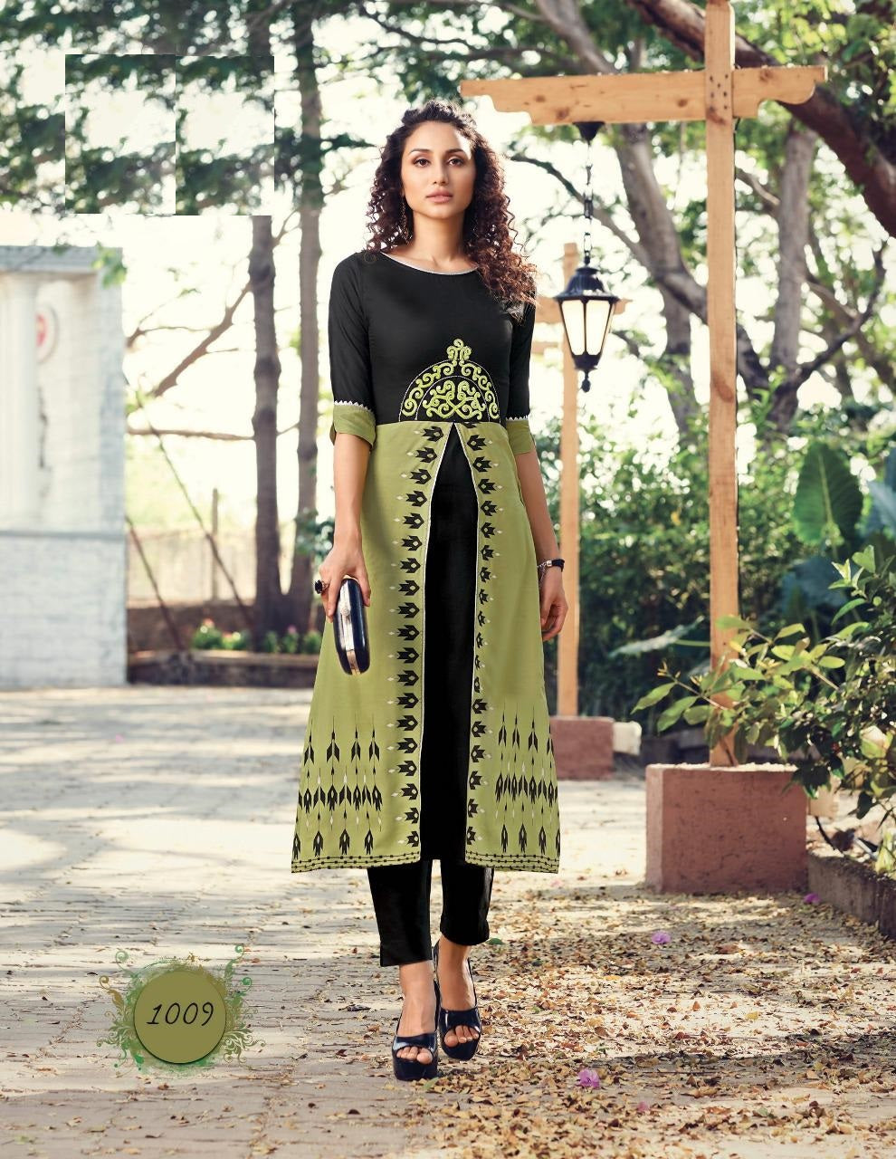 Black Rayon Fancy Print Kurti with Pista Green Classy Prints Attached Shrug